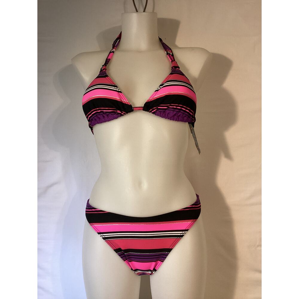 1353 NWT Bikini Bay MM 43T PPST 2 Piece Bikini Pink Black Stripes Sizes 6/14